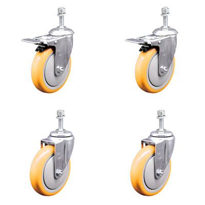 5 Inch Yellow Polyurethane Swivel 3/8 Inch Stem Caster Set 2 Total Lck Brake SCC