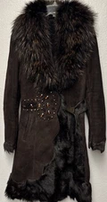 Brown Lamb skin shearling, made In Italy, Real Fur Trim, Beaded, size S