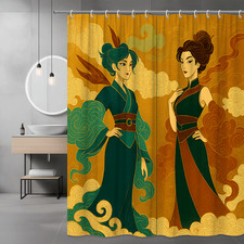 Elegant Green and Gold Shower Curtain with Asian Design