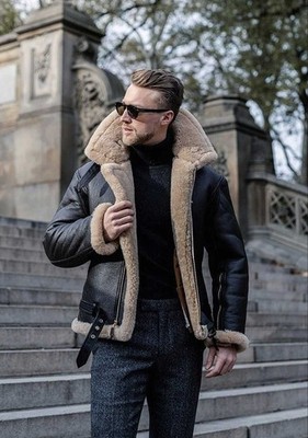 Men's B3 RAF Bomber Black Flying Fur Lined Shearling Real Leather