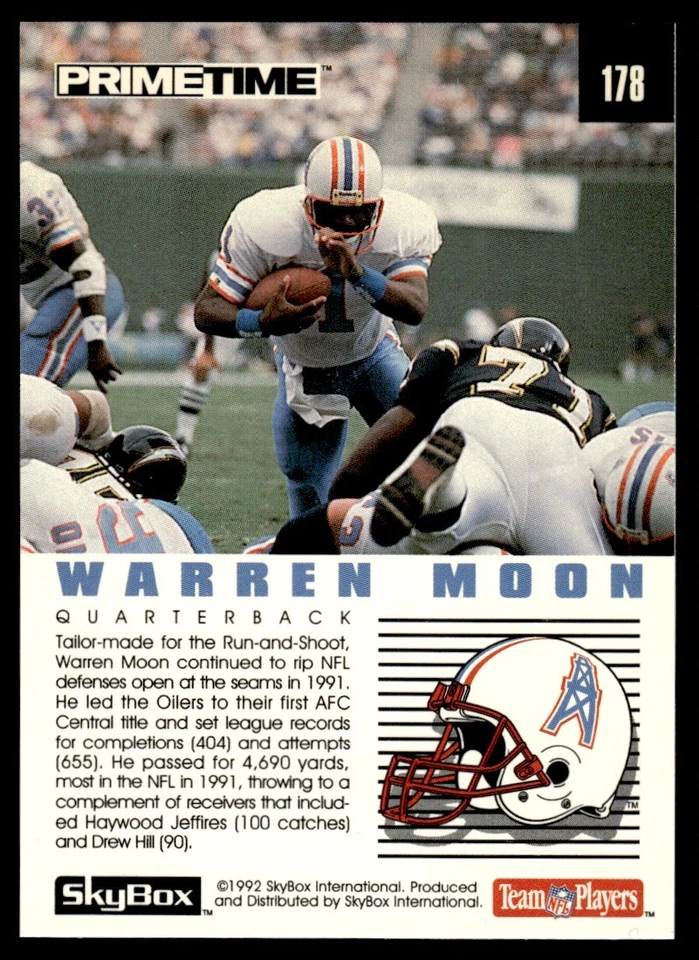 1992 SkyBox Primetime VTG NFL Football Warren Moon Houston Oilers #178 - Image 2 of 2