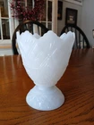 Vintage EO Brody Pedestal Milk Glass Diamond Pattern Saw Tooth Edge Vase