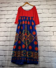 VINTAGE Shift Dress Womens Medium Maxi 70s 1/2 Sleeve Pullover Multicolor