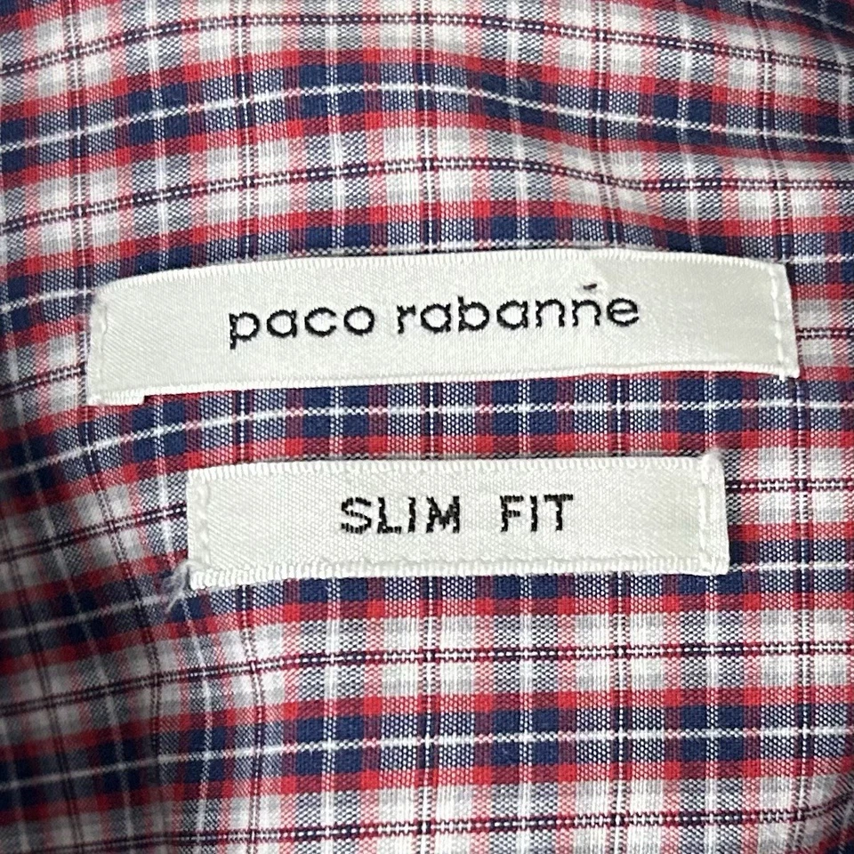 Paco Rabanne Medium Slim Fit Shirt Red White Blue Plaid Cotton Button Down - Image 3 of 4