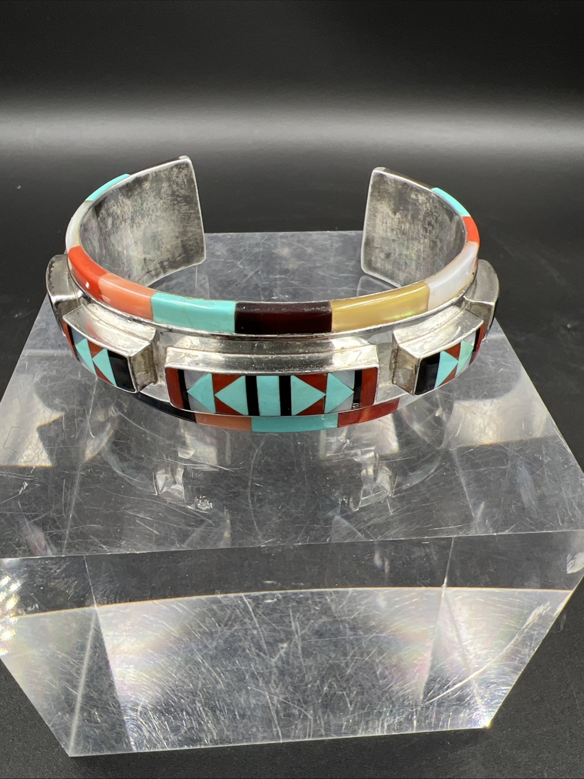 VTG Multi Stone Inlay Bracelet Raised Center Row … - image 4