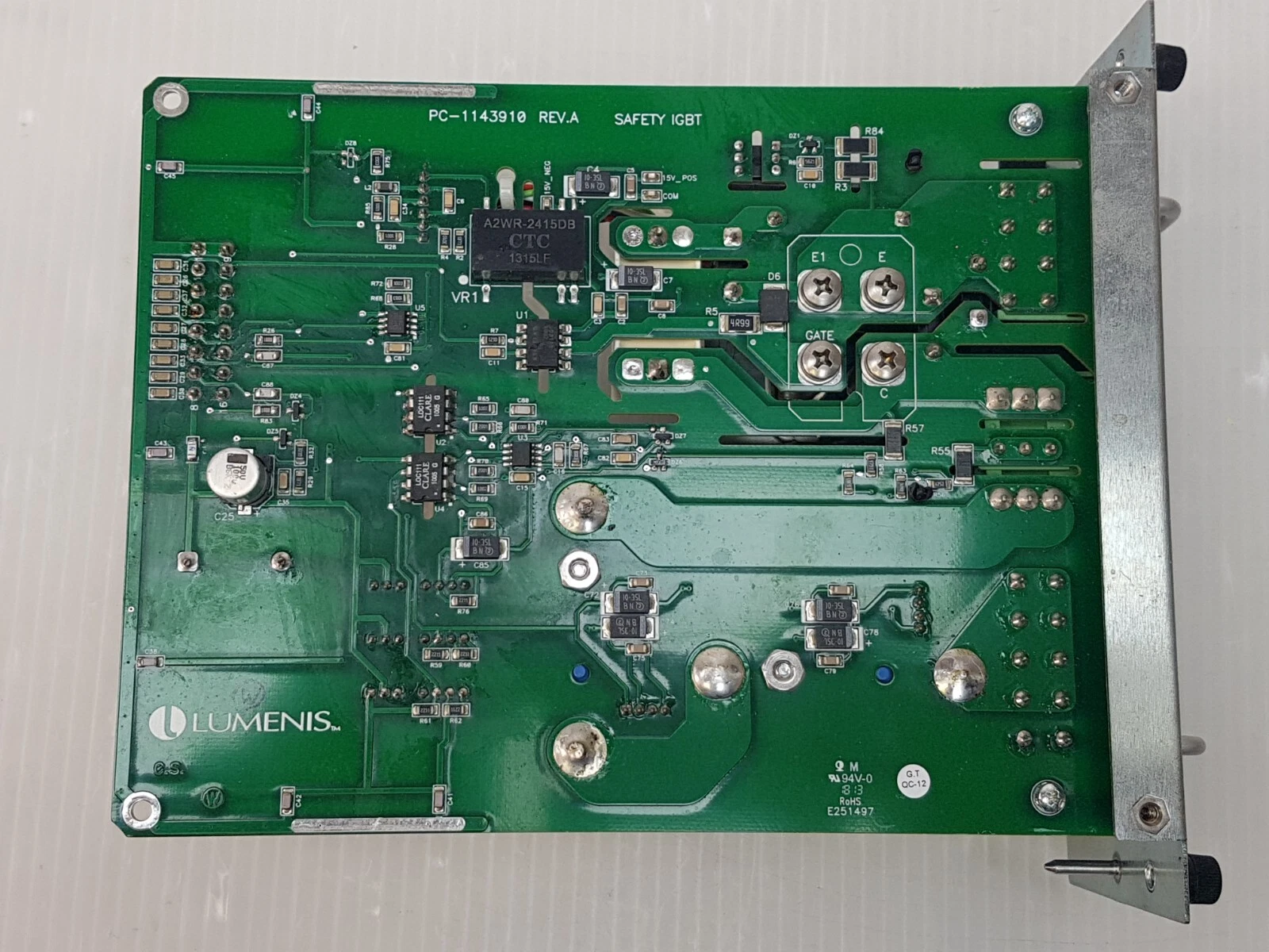 Underside of Lumenis PC-1143910 Rev. A Safety IGBT board with bolted power terminals