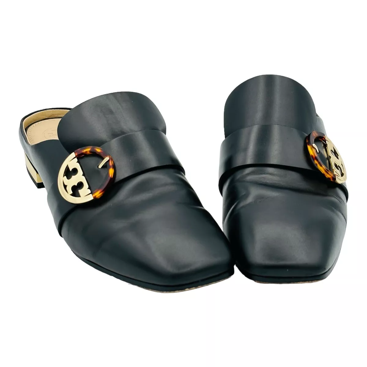TORY BURCH Sidney Black Backless Loafer Mules Leather Gold Size 7.5