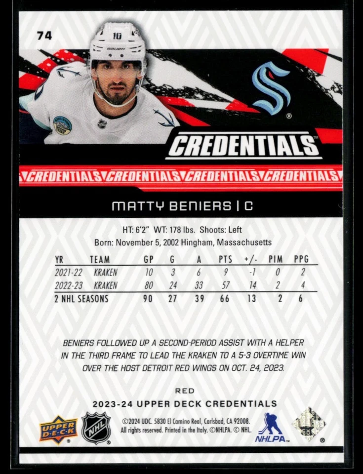 2023-24 Upper Deck Credentials Red #74 Matty Beniers 302/349 - Image 2 of 2