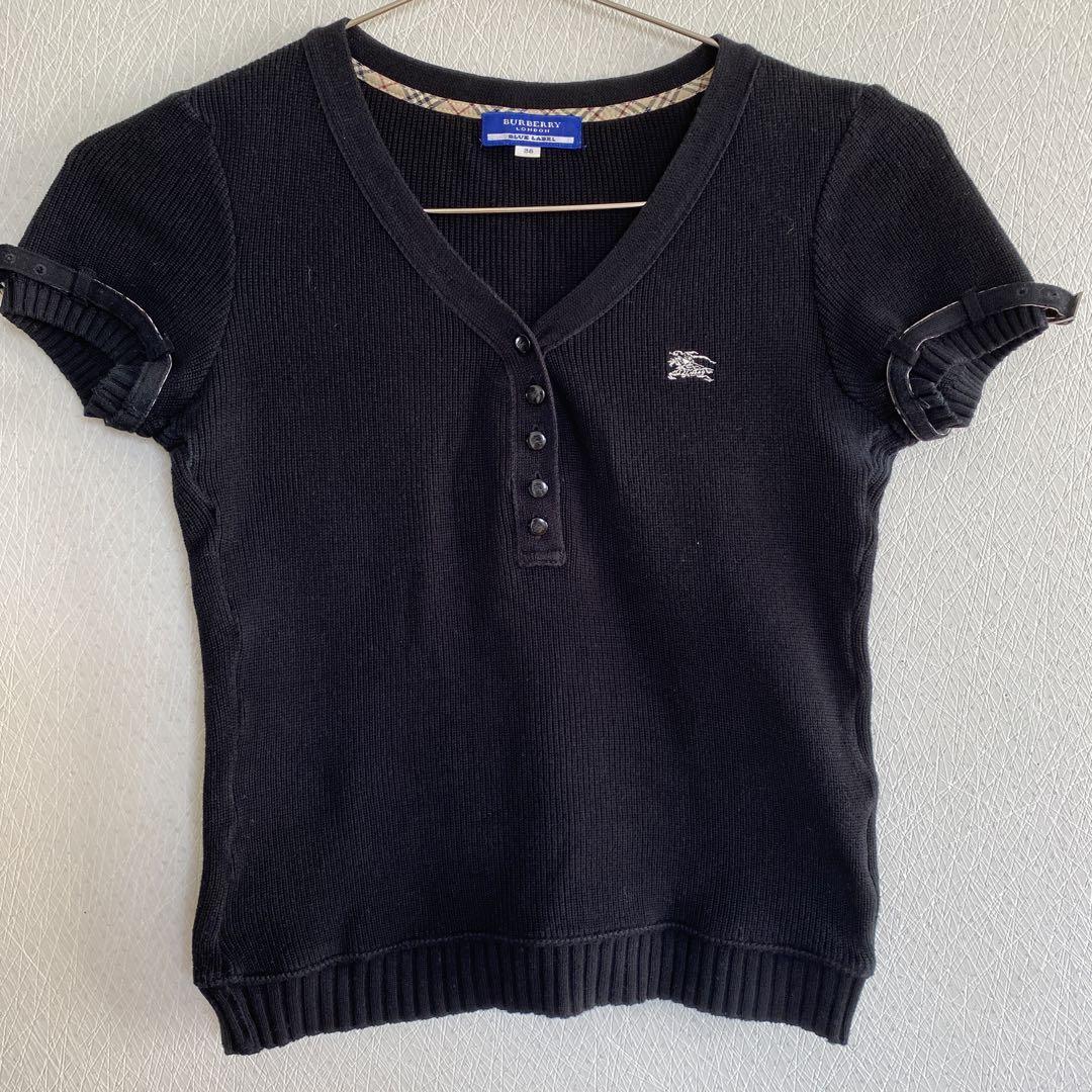 Burberry Knit Sweater Size 38 Black Cotton Ladies with Belted Sleeves Used
