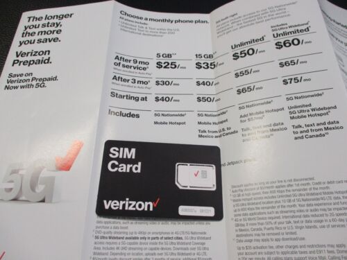 Carte SIM 3 en 1 prépayée Verizon Wireless BYOD 5G 1 m/o service + activation CDMA - Photo 1/3