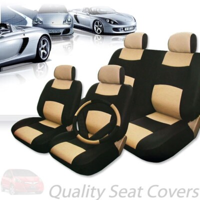 PREMIUM BLACK TAN SYNTHETIC LEATHER CAR SEAT STEERING COVERS SET FOR HONDA