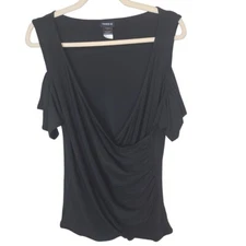 Torrid Womens 1X Black Ruched Side Cold Shoulder Sleeves Faux Wrap Blouse Top