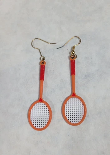 Vintage Tennis Racket Shaped Plastic Dangle Earrings Costume Jewelry 2"