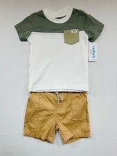 NWT Carter's 2pc "HANDSOME" Green White Pullover Top Tan Pull On Shorts, 18m