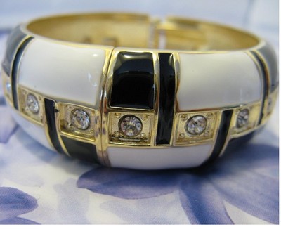 Dolly-Bijoux Bracelet Jonc 60mm Ouvrable Damier Emaillé Blanc/Noir