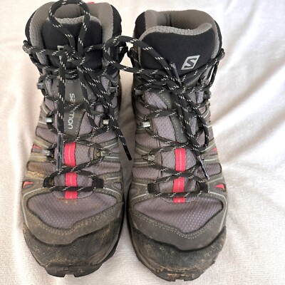 Salomon Hiking Boots Womens 7 X Ultra Mid 2 Goretex Gray Lace Up Contragrip Sole