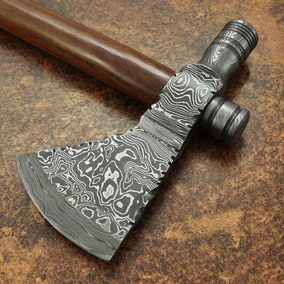 CUSTOM HANDMADE RARE PIPE TOMAHAWK AXE HATCHET DAMASCUS STEEL WITH ARC SHEATH - Image 2 of 4