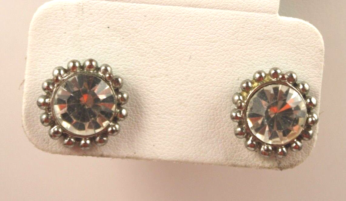 Stud Earrings Silver Tone White Clear Rhinestone Center Textured-image