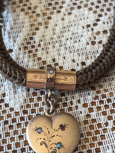 Antique Victorian Woven Hair Watch Chain Bracelet - Jeweled Heart Pendant T-Bar - Afbeelding 4 van 24