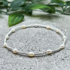 Sterling silver and freshwater PEARL beads stretch stacking bracelet dainty