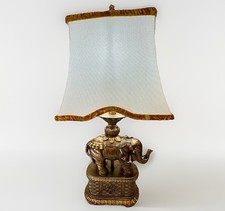 Vintage 27 Tall Gold Bronze Resin Pedestal Elephant Trunk Up Table Lamp Shade