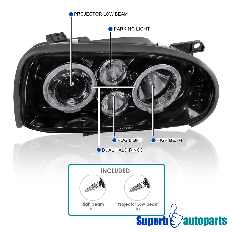Fits 1993-1998 Golf MK3 Smoke Dual Halo Projector Headlight Glossy Black Pair - Imagem 3 de 4