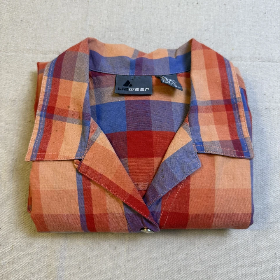 Винтажная женская рубашка Lizwear размер S оранжевая клетчатая вестерн с коротким рукавом хлопок на пуговицах - Изображение 3 из 4