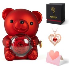 Romantic Teddy Bear with Preserved Rose, Real Rose in Elegant Gift Box with Red