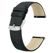 Watch Band 20mm Leather Extra Long XL Large Wrists Black Silver Buckle Bands