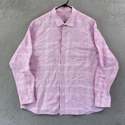 Tommy Bahama Shirt Mens XL Big Pink Paradisio Plaid Linen Long Sleeve Preppy