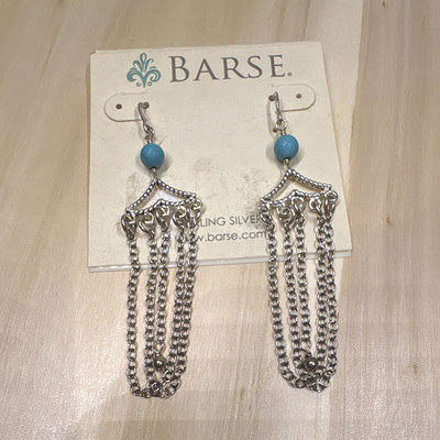 Barse Sterling silver, Turquoise Blue Round Bead Chandelier Hook Earrings 3 in