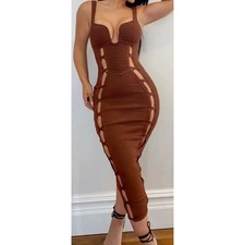 Fashion Nova Bandage Bodycon Midi Dress Brown Womens Small Party Cocktail Club