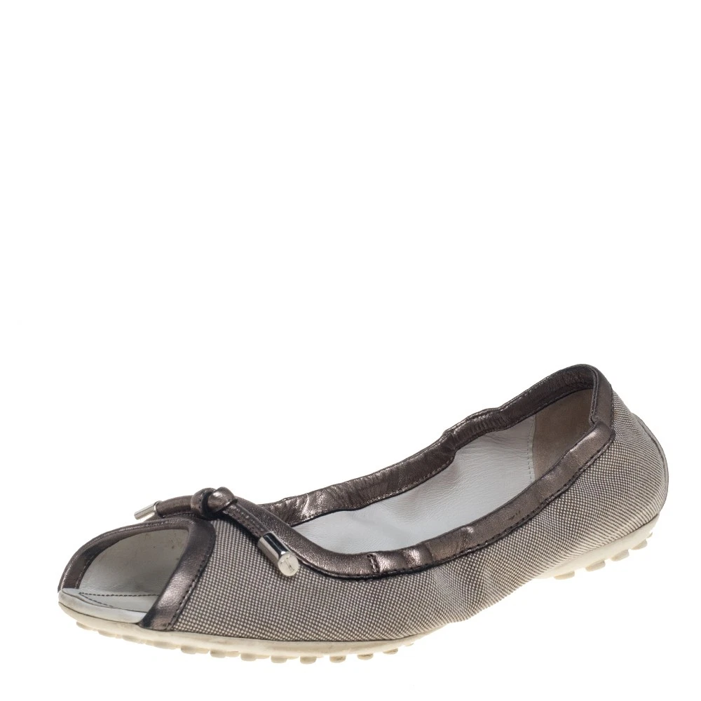 TOD’S Ballerine Tod's grigio metallizzato in tela e pelle con fiocco punta aperta taglia 39