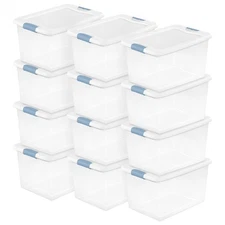 Sterilite 64 Qt Clear Plastic Stackable Storage Bin w/ White Latch Lid, 12 Pack
