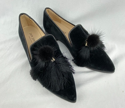 JON JOSEF Blair Loafers Women 6M Black Velvet Rabbit Fur Pom Spain Blair Waldorf