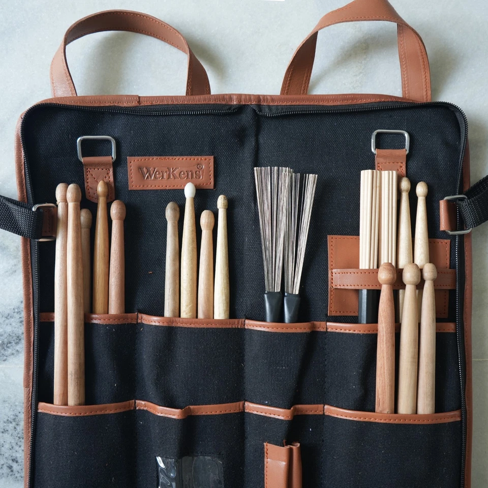 Bolsa de baquetas de lona y cuero estuche de baquetas soporte para baterista Foto 2 de 4