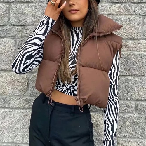 Ladies Winter Crop Vest Stand Collar Puffer Jacket Women Sleeveless Casual Coat - Picture 49 of 57