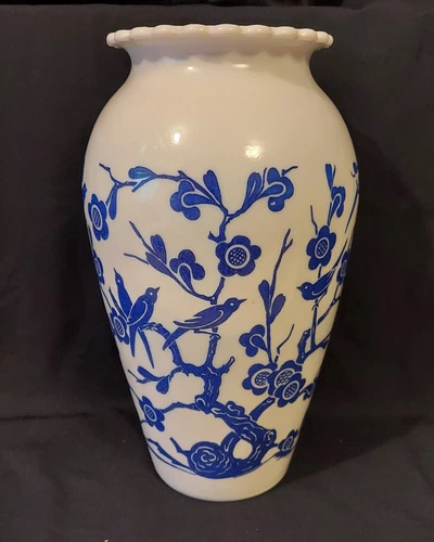 Vintage Anchor Hocking Milk Glass Vase With Blue Birds And Flowers