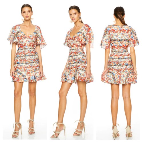 $299 Talulah Linen Carnevale Mini Dress Small Soiree Pin Tuck Ruffle Watercolor - Picture 2 of 24