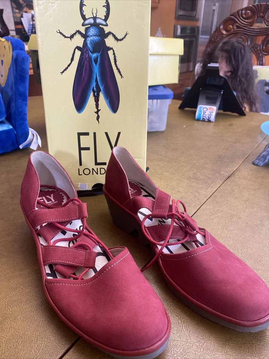 FLY London Leather Closed Toe Lace up Wedges Poma Scarlet eBay