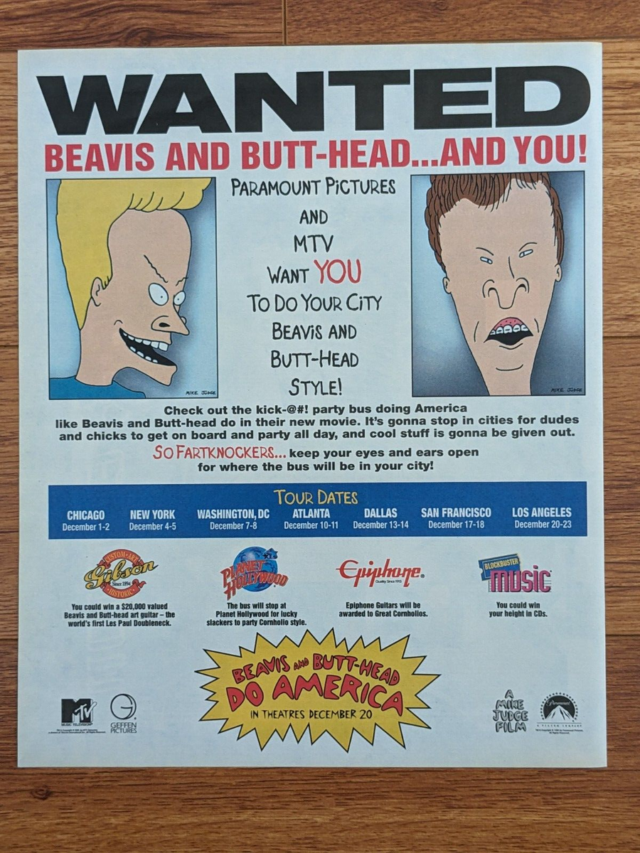 1996 Wanted Beavis Butthead Do America MTV VTG Vintage Print Ad
