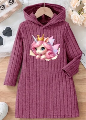 Mädchen-Langarm-Kapuzenkleid mit Einhorn, Gr.122/128(7-8 Jahre), Neu