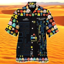 Retro Game Pacman Hawaiian Shirt Short Sleeve Summer Beach Size S - 5XL