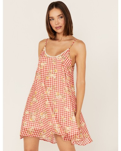 Wild Moss Women's Gingham Floral Print Slip Dress Orang size XL #GGB - Picture 2 of 3
