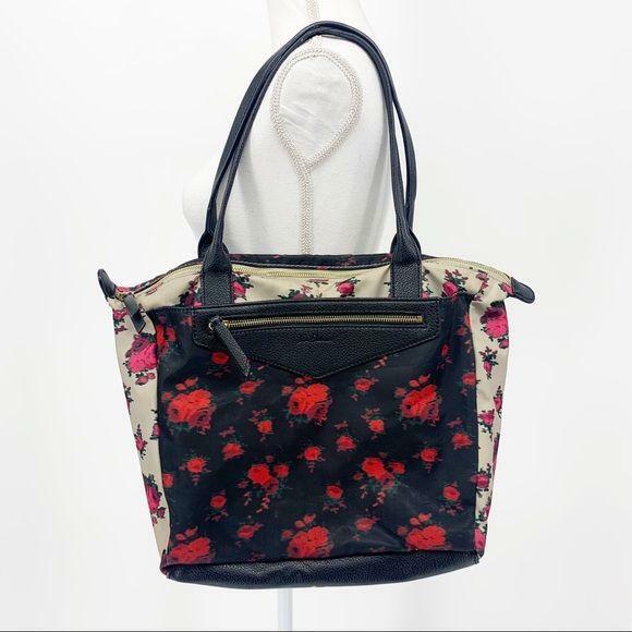 Sam Edelman Nylon Fabric Floral Rose Print Leather Logo Tote Shoulder Bag