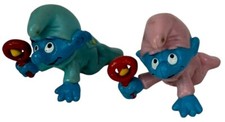 2 Vintage 1984 Schleich Smurfs Crawling Baby Figure Rattles Pink Blue Babies PVC