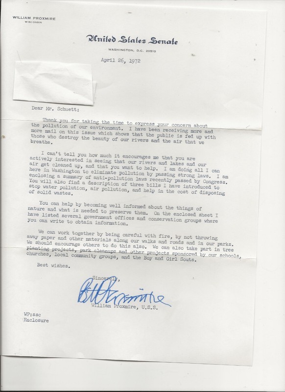 SEN-WILLIAM PROXMIRE WI, EARTH DAY CO-FOUNDER 1972 TLS, ENV + 91ST CONGRESS