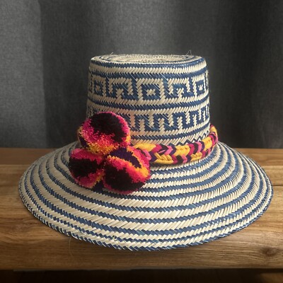 Colombian Wayuu Hat handWoven Straw Panama Hat Sun Blue natural Multicolor  Pom
