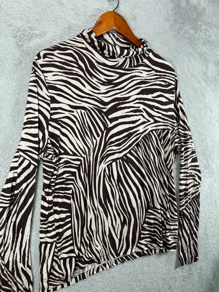 H&M Mujer Cebra Cuello Alto Top Marrón Manga Larga Camisa Monocromática Modal Tejido Foto 2 de 4