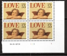 US Stamp Scott #2958, 55c, Love Issue Chereb, Plate Block of 4, MNH SCV$4.40